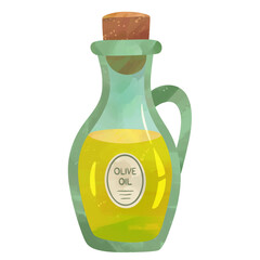 A glass bottle with olive oil. Hand painted in watercolor. Perfect for cooking and kitchen illustrations.
