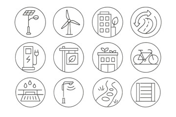 Fototapeta premium Eco-Friendly Infrastructure Icons. Line style round icons of clean infrastructure: solar street light, wind tower, green building,