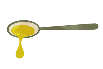 A spoon with dripping olive oil or honey. Hand painted in watercolor style for kitchen illustration.