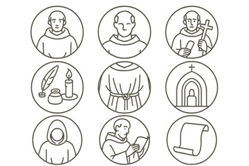Fototapeta premium Medieval Monk Icons. Line style round icons of medieval monks: habit, tonsure, scroll, wooden cross; ink pot, candle, robe folds,
