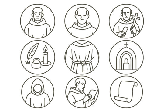 Medieval Monk Icons. Line style round icons of medieval monks: habit, tonsure, scroll, wooden cross; ink pot, candle, robe folds,