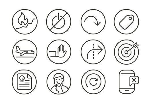 Startup Journey Icons. Line style round icons of startup failure and resilience: burn chart, shutdown icon, bounce back arrow,