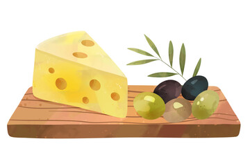 A rustic Mediterranean wooden board with cheese, fresh olives, and aromatic herbs. Watercolor artwork.