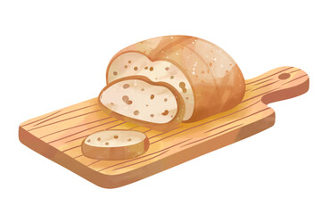 Fresh bread sliced on a wooden board. Hand painted in watercolor. Isolated on white background.