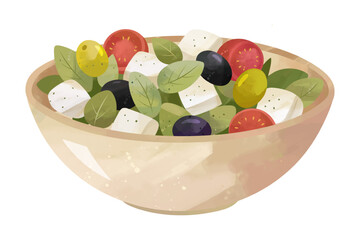 A fresh Greek salad with tomatoes, olives, cheese, and herbs. Hand painted in watercolor style.