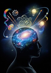 Sparking creativity and innovation with a galaxy brain, gears, lightbulbs, and art tools
