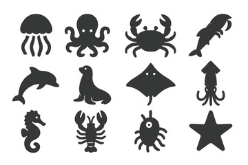 Aquatic Species Icons. Solid style icons of aquatic species diversity: jellyfish, octopus, crab, shrimp, dolphin, sea lion, manta