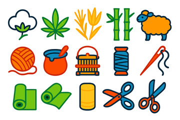 Eco Fabric Icons. Flat vector icons of Eco-friendly Fabrics: Cotton, Hemp, Linen, Bamboo, Wool, Yarn, Dye Pot, Loom, Thread,