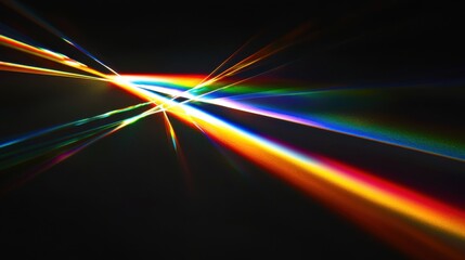 Laser beam divergence creating spectacular rainbow spectrum light rays radiating from central intersection point with vibrant chromatic dispersion on black background