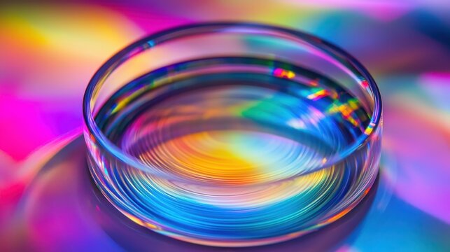 Laser interference light rings in transparent glass creating spectacular optical diffraction patterns with vibrant rainbow colors and precise geometric symmetry