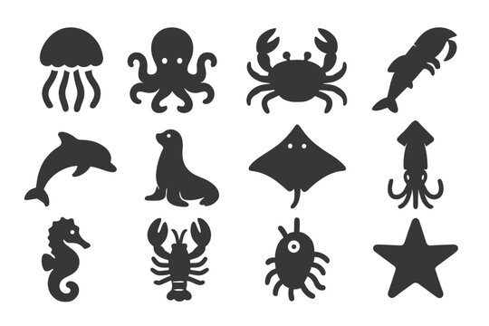 Aquatic Species Icons. Solid style icons of aquatic species diversity: jellyfish, octopus, crab, shrimp, dolphin, sea lion, manta