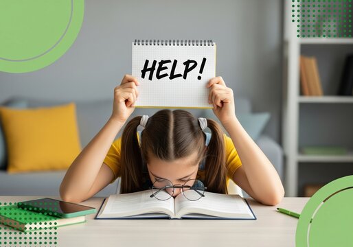 Overwhelmed child struggles with homework, holding a 'HELP!' sign in frustration at desk