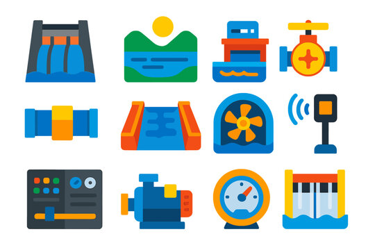 Water Management Icons. Flat vector icons of Water Management: Dam, Reservoir, Water Treatment Plant, Valve, Pipe, Canal,