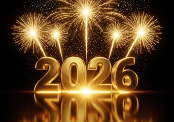 Golden 2026 numerals sparkle with dazzling fireworks, celebrating new beginnings and festive occasions