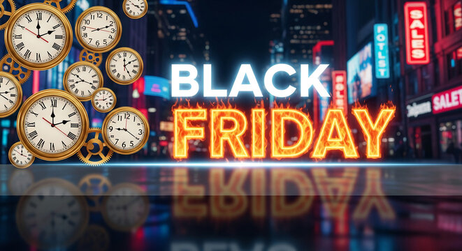 Composition with clock, gears and glowing letters. "Black Friday" text with flame effect against night city backdrop, representing promotional time.
