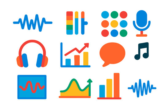Speech Analysis Icons. Flat vector icons of speech analysis: waveform, spectrogram, phoneme chart, microphone, headphones,
