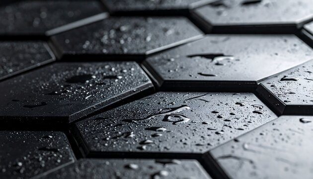 Close-up of black hexagonal tiles with water droplets - Powered by Adobe