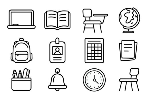 Classroom Essentials Icons. Line style round icons of classroom essentials: chalkboard icon, open book, school desk, globe stand;