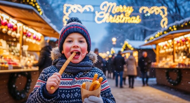 Happy child eating churros at a festive Christmas market