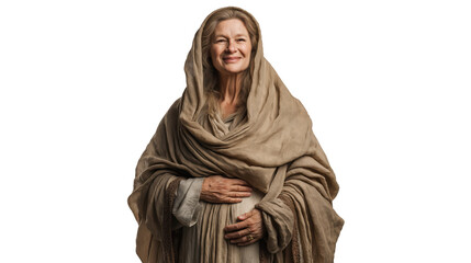 Full-body portrait of elderly woman Elizabeth in modest robes with hands on belly on transparent background, biblical figure symbolizing faith, joy, and divine promise for Christian design.