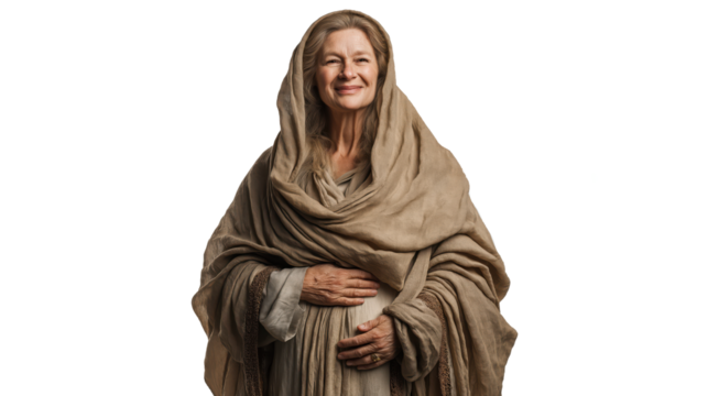 Full-body portrait of elderly woman Elizabeth in modest robes with hands on belly on transparent background, biblical figure symbolizing faith, joy, and divine promise for Christian design.