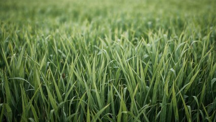 Green field of grass or crops with lush, tall, and dense vegetation.