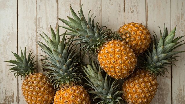 Pineapples on a wooden surface. Tropical fruit, fresh produce, healthy eating, summer, and fruit theme.