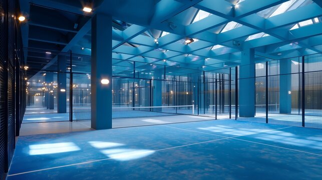 Modern indoor sports facility with blue court and bright lighting in urban area