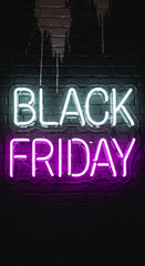 Neon sign on brick wall with dripping paint, displaying "Black Friday". Represents retail sales, promotion, and the start of shopping season