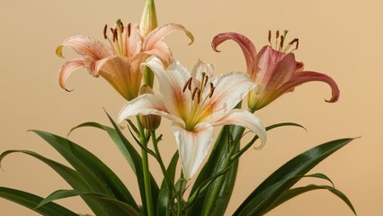 Fototapeta premium A bouquet of white and pink lilies with green leaves against a beige background.