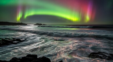 Aurora Borealis Reflecting on Moving Ocean Waves at Night