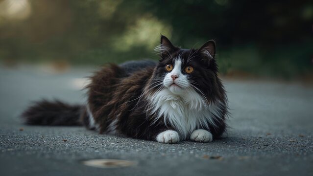 A long-haired black and white cat lying on the ground outdoors with greenery in the background.