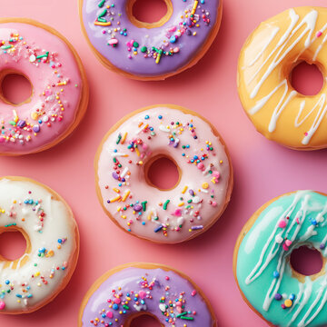Assorted donuts with bright pastel icing and rainbow sprinkles placed on a soft pink background, ideal for dessert, bakery, and playful food themes.