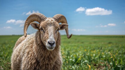Obraz premium A sheep with ram horns standing in a green field under a blue sky with clouds.