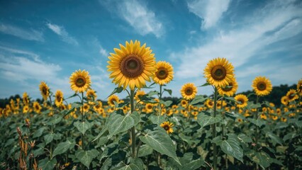 Fototapeta premium Sunflower field under a blue sky with clouds, vibrant and lively nature scene.