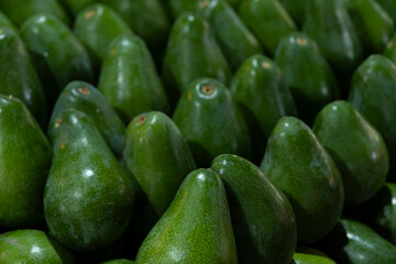 Fresh Avocados on Market Stall. Ripe Green Avocados for Sale at Vegetable Stand. Organic Avocados Displayed at Local Farmers Market.