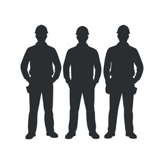 Silhouette of Three Construction Workers Wearing Hard Hats Standing with Hands in Pockets against Transparent Background Represents Teamwork and Industry