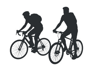 Group of Two Cyclists with Backpacks on Bicycles Silhouette on Transparent Backdrop Sporty People Ride a Bike Sport Vector Illustration Side View Active
