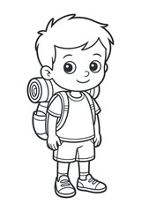 Illustration of Little Boy with Backpack Ready for an Adventure Trip in Black and White Vector Art