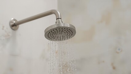 Shower head with water running, close-up, on a bathroom wall. Water flow, hygiene, and cleanliness concept. Modern bathroom fixtures.