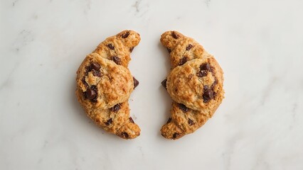 Two chocolate chip cookies broken in half with a soft, chewy texture on a white surface. Dessert and snack, concept. Baked goods and confectionery. The concept of sweet treats and baking.