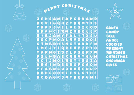 Christmas Crossword Puzzles Printable word Search Educational game for children. Xmas theme learning vocabulary worksheet.