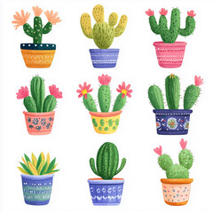 Colorful digital illustration featuring a collection of nine unique potted cacti and succulent plants, 