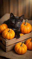 Close-up of a black kitten surrounded by orange pumpkins in a wooden crate, a representative image of autumn and Halloween, suitable for seasonal concepts