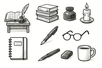 Obraz premium Bottle mug writing pen icons notebook icon vector setup candle books creative