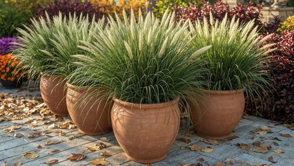 Decorative potted grasses outdoors with colorful flowers in the background. Gardening and plant display, landscape, and outdoor decor.