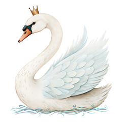 Watercolor Swan Clipart – Elegant White Swan with Crown PNG, Princess Swan Illustration, Nursery Wall Art Printable