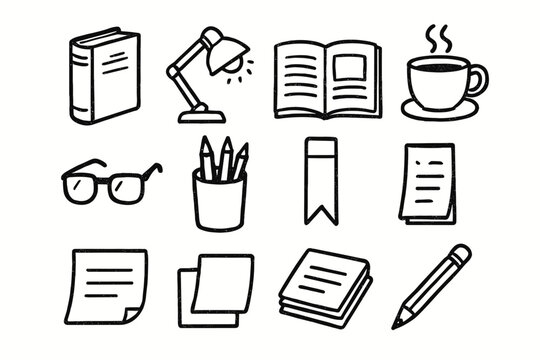 Pencil icons essentials glasses reading vector icon journal lamp case open