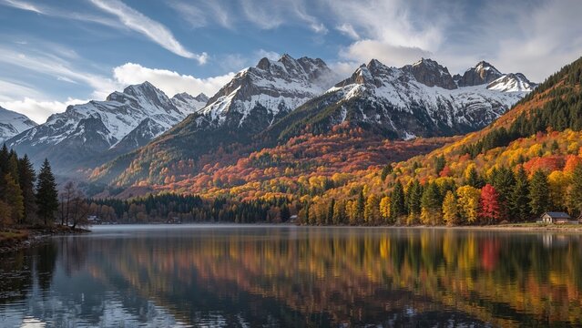 Autumn landscape of snow-capped mountains, colorful forest, and reflective lake. Nature scenery during fall season. Mountain, forest, lake, and autumn colors.