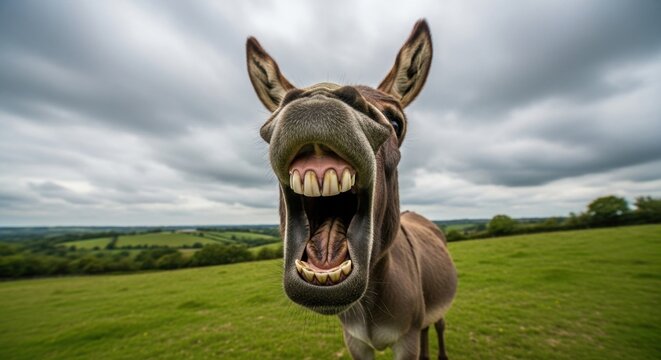 A hilarious close-up wide-angle portrait of a funny brown donkey laughing with its mouth wide open showing teeth in a green field under a cloudy sky